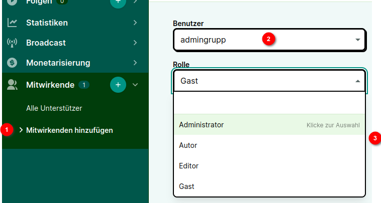 Screenshot Menü "Mitwirkende" - "Mitwirkende hinzufügen, mit Benutzer- und Rollen-Auswahl als Screenshot